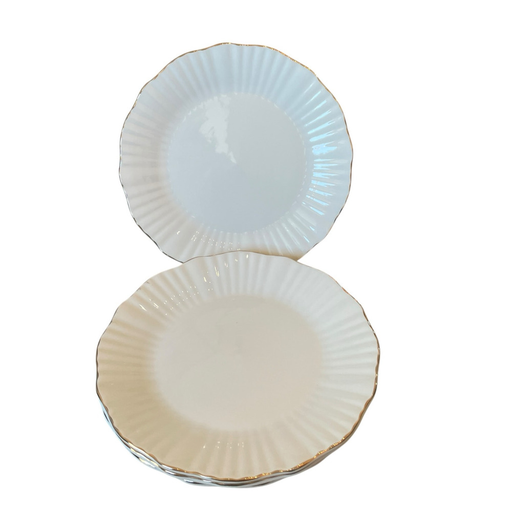 Christian Siriano Porcelain Salad Plates 8in Set of 4 White Gold Trim NEW